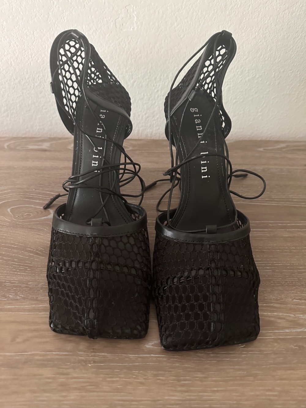 Gianni Bini Black Mesh Lace-Up Square-Toe Heels
